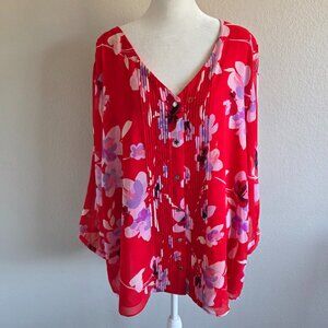 Calvin Klein Blouse Tunic Red Floral Pleated Lined Chiffon Button Women Plus 3X
